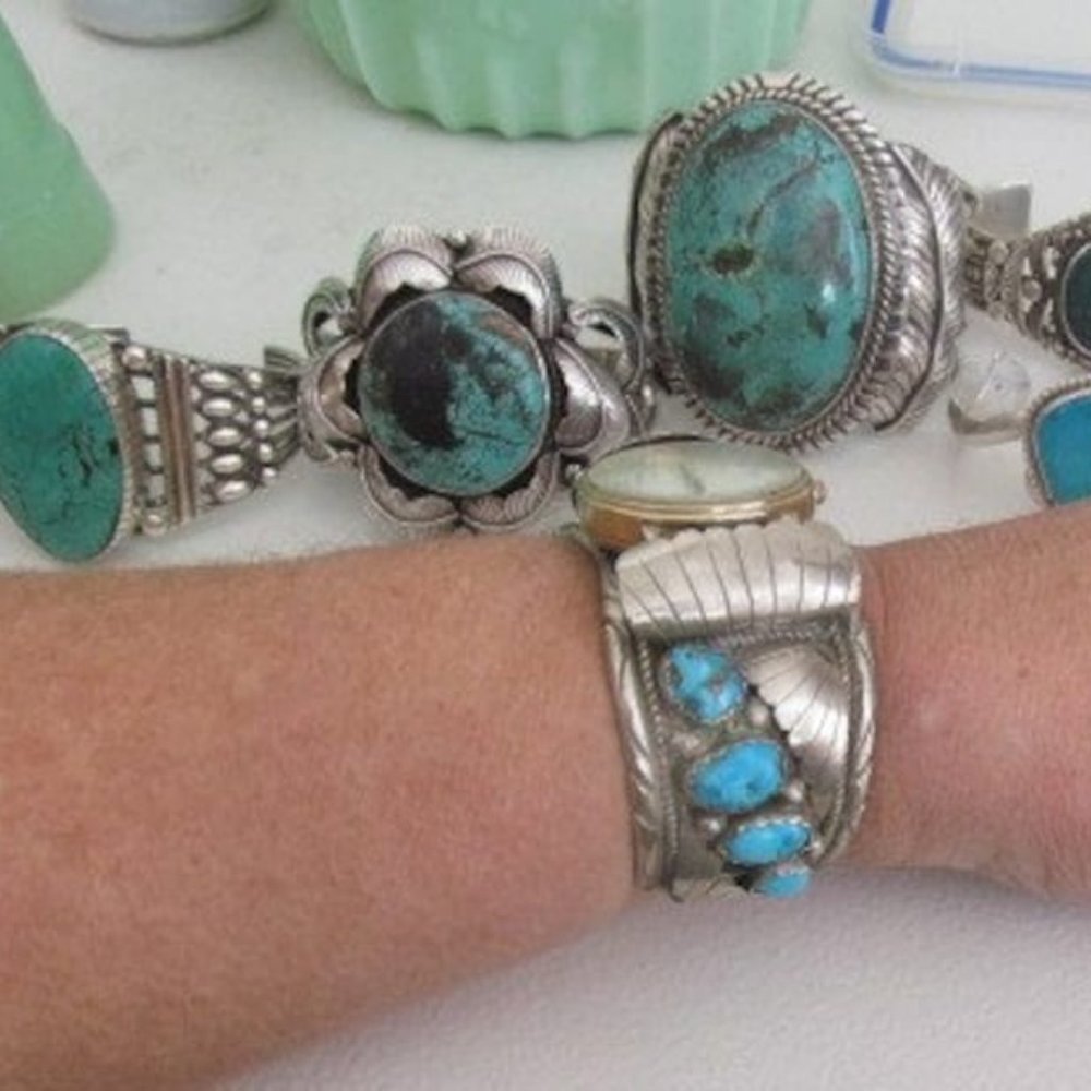LG Navajo Turquoise Watch Cuff Bracelet Mens Watch Sterling Silver Turquoise
